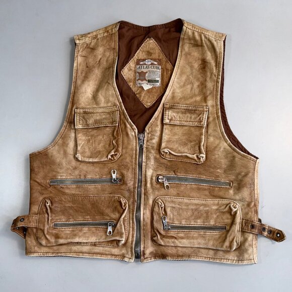 Vintage Atlas Cuir Brown Distressed Leather Safari Utility Multi-Pocket Vest - L